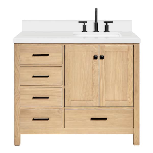 Cambridge 42 in. W x 22 in. D x 36 in. H Single Freestanding Bath Vanity in Oak with Pure White Quartz Top