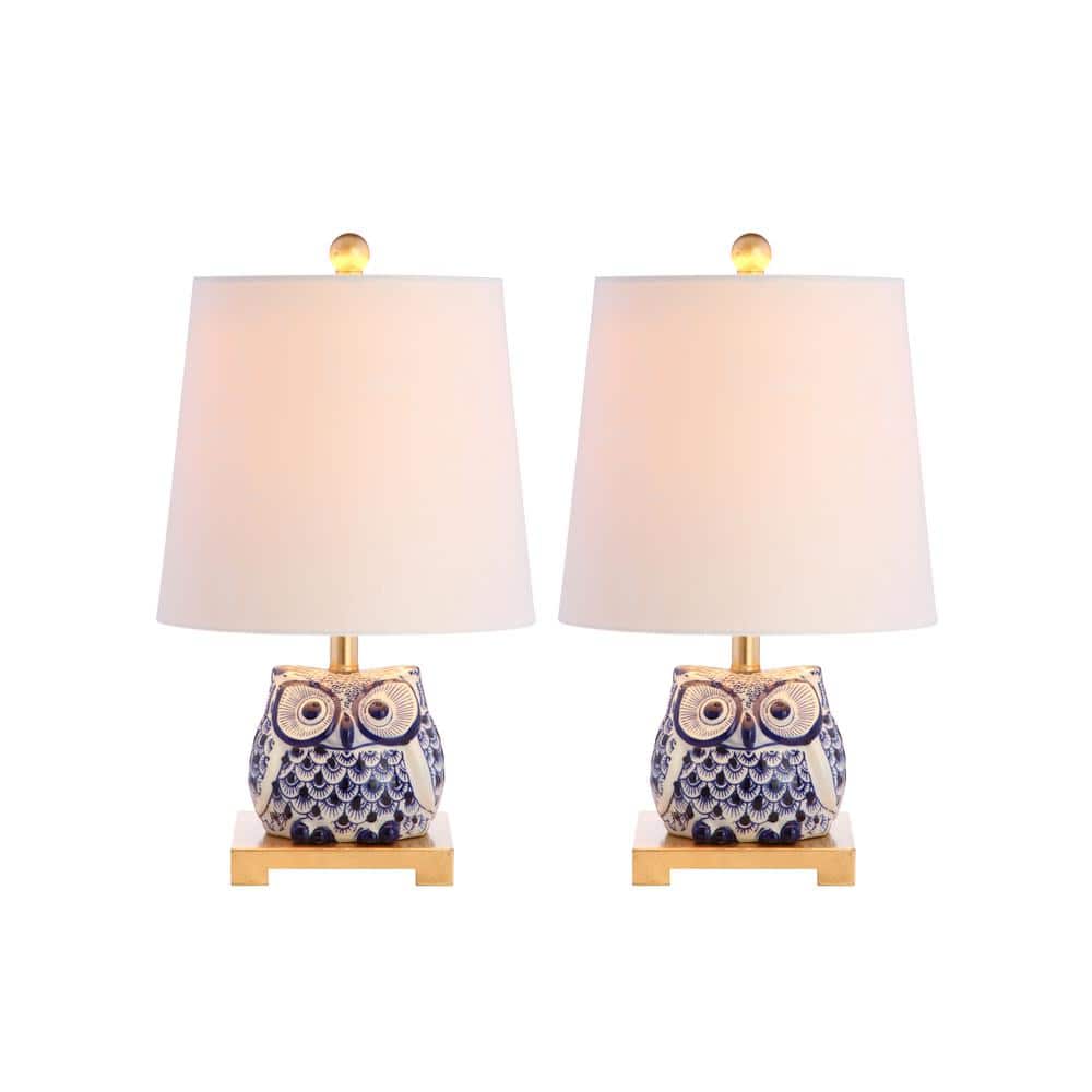 Justina Blue Ceramic Owl Table Lamp Set with White Shade
