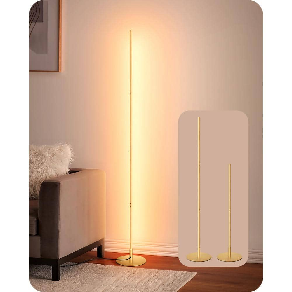 EDISHINE 57 in. Gold LED Corner Floor Lamp, Modern Slim Dimmable Light ...