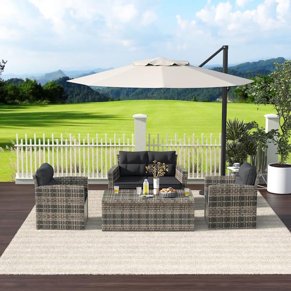 WESTIN OUTDOOR Alpine 4-Piece Rattan Wicker Patio Conversation Set with Gray Cushions