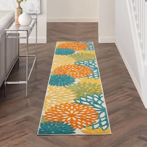Aloha Turquoise Multicolor 2 ft. x 10 ft. Kitchen Runner Floral Contemporary Indoor/Outdoor Patio Area Rug