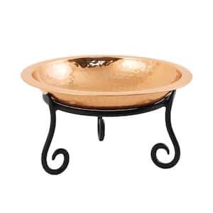 12.5 in. Dia Polished Copper Plated Hammered Copper Birdbath with Short Stand