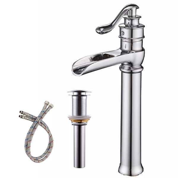 DESwan Single Hole Single Handle Waterfall Bathroom Vessel Sink Faucet with Pop Up Drain in Chrome