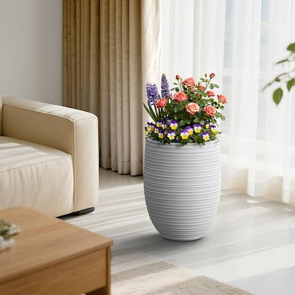 17 in. Pearl White(Upgraded Interior) Concrete Round Planter / Pot with Drainage Hole for Indoor and Outdoor