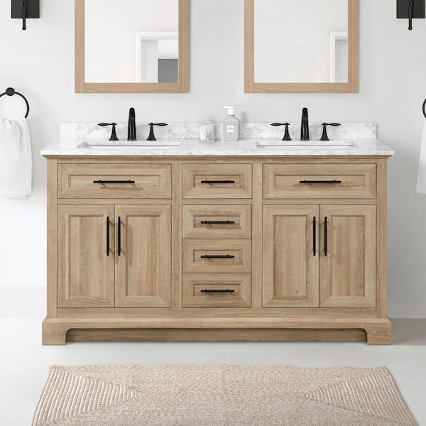Doveton 60 in. Double Sink Freestanding Weathered Tan Bath Vanity with White Engineered Marble Top (Assembled)