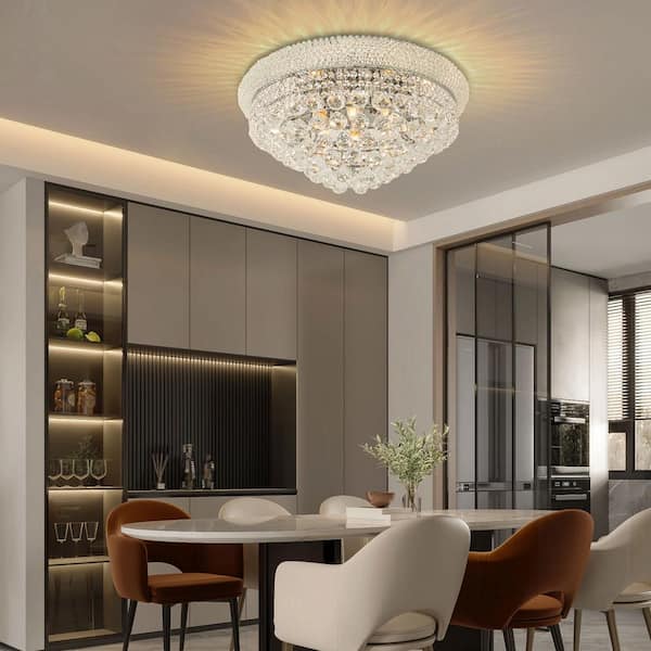 OUKANING 23.6 in. 12-Light Silver Modern Crystal Flush Mount