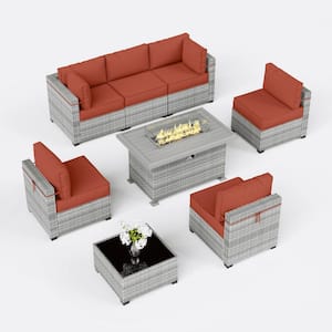 8-Piece Wicker Outdoor Patio Sectional Conversation Set with Cushions and Fire Pit Table Terra Red