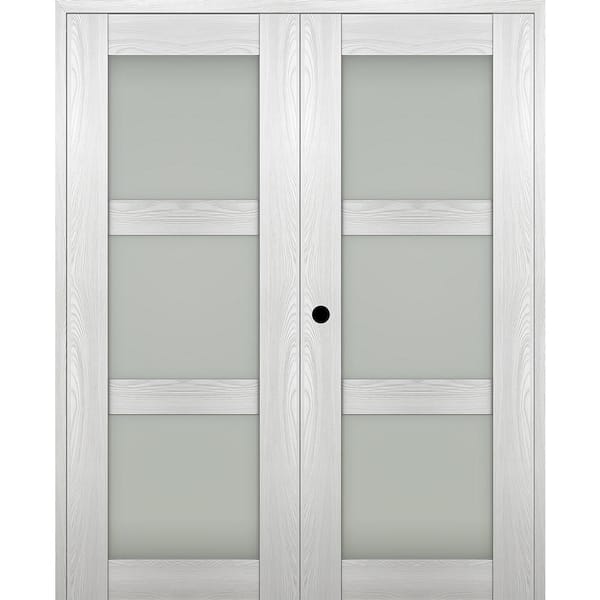 Belldinni Vona 56"x 80" Right Hand Active 3-Lite Frosted Glass Ribeira Ash Wood Composite Double Prehung French Door