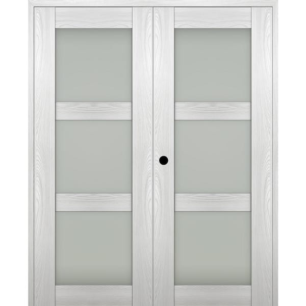 Vona 48"x 84" Right Hand Active 3-Lite Frosted Glass Ribeira Ash Wood Composite Double Prehung French Door