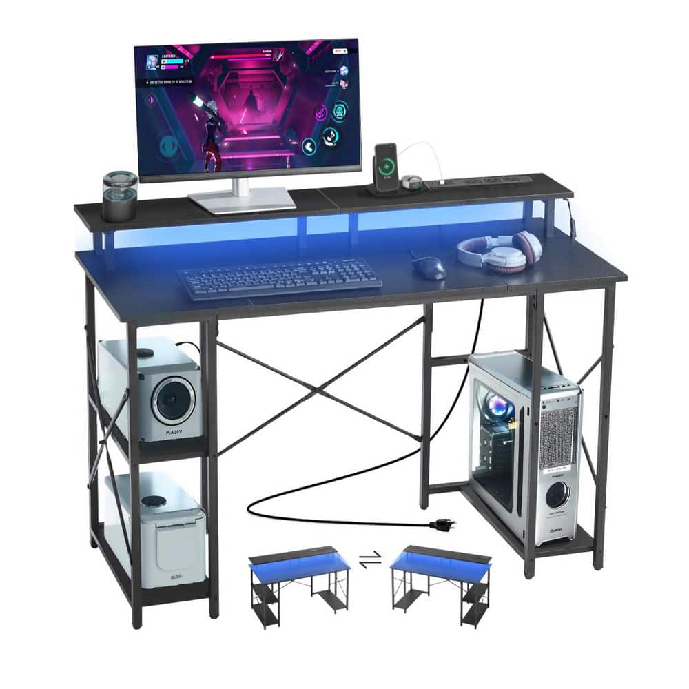 47 in. Gaming Desk with LED Lights & Power Outlets, Computer Desk with Monitor Stand & 2-Tier Storage Sheves, Black price history on PriceWatchPro