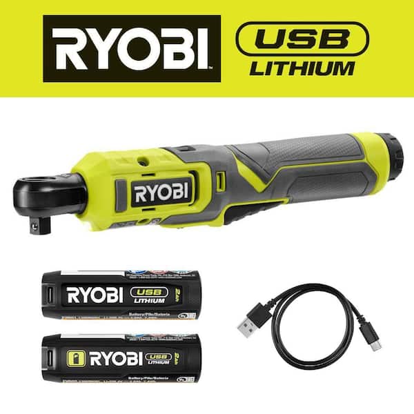 RYOBI USB Lithium 3/8 in. Ratchet Kit with 2.0 Ah Battery and USB Charging Cable with Extra USB Lithium 2.0 Ah Lithium Battery