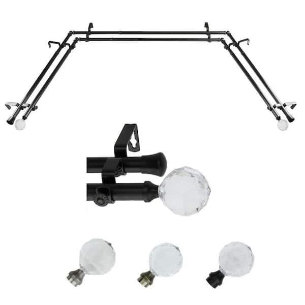 EMOH 13/16" Dia Adjustable 20"-36", 38"-72" Bay Window Double Curtain Rod with Leticia Finials in Black