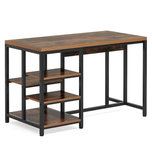 BYBLIGHT Bryauna Brown Kitchen Island with Storage, Industrial Small Dining Island Table with 5 Shelves
