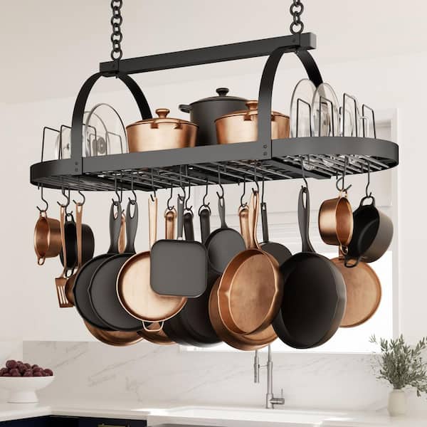 48 in. Ceiling Hanging Oval Pot Rack with Pot Lid Rack and 20 S Hooks, for Kitchen Over Island, in Matte Black