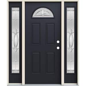 36 in. x 80 in. Left Hand/Inswing Fan Lite Blakely Decorative Glass Black Steel Prehung Front Door with Sidelites