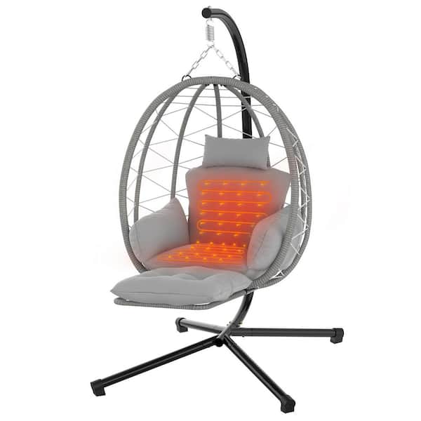 Kalorik Gray Patio Hanging Basket Heated Egg Chair, Rattan Wicker Swing Chair with UV Resistant Cushion and Pillow