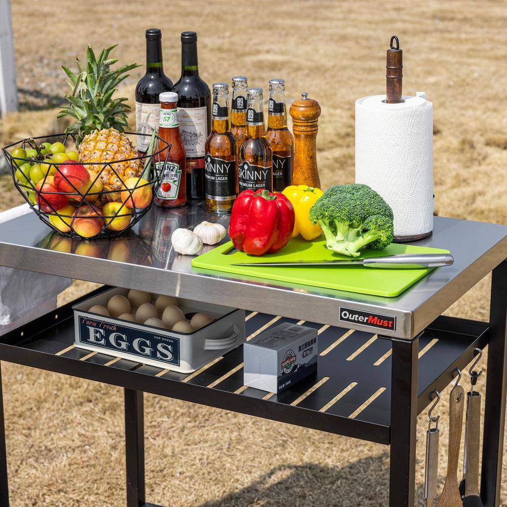 Stainless Steel and Black Triple-Shelf Outdoor Grill Cart