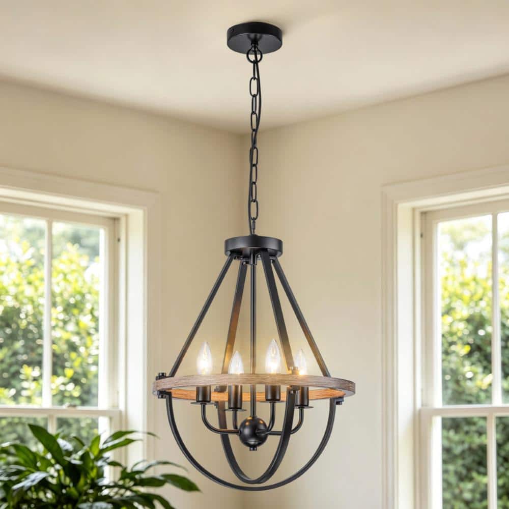 15.75 in. 4-Light Farmhouse Lantern Chandelier with Wood-Grain and Black Finish for Dining Room Kitchen Island price history on PriceWatchPro