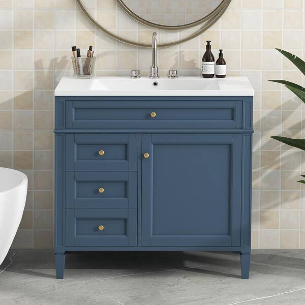 JimsMaison 36 in. W Single Sink Freestanding Bath Vanity in Blue with White Resin Top