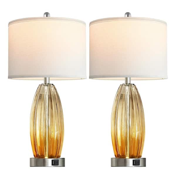 Rottogoon 25 in. Table Lamps Set of 2, Champagne Glass Bedside Lamp for Bedroom with USB C+A Ports (2 Bulbs Included)