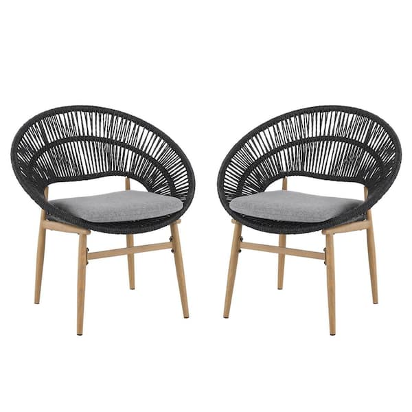 Unbranded Cyril Outdoor Wicker Papasan Style Dining Chair, Teak Finished  Leg and Dark Gray Faux Rattan, Gray Cushion, (Set of 2) TT-638