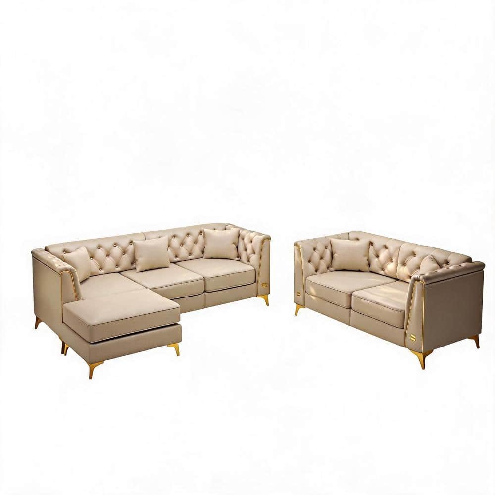 Light Luxury Modular 81.5 in. Wide Track Arm Faux Leather Chesterfield Sofa with Button Tufted, Metal Trim, 5 Pillows