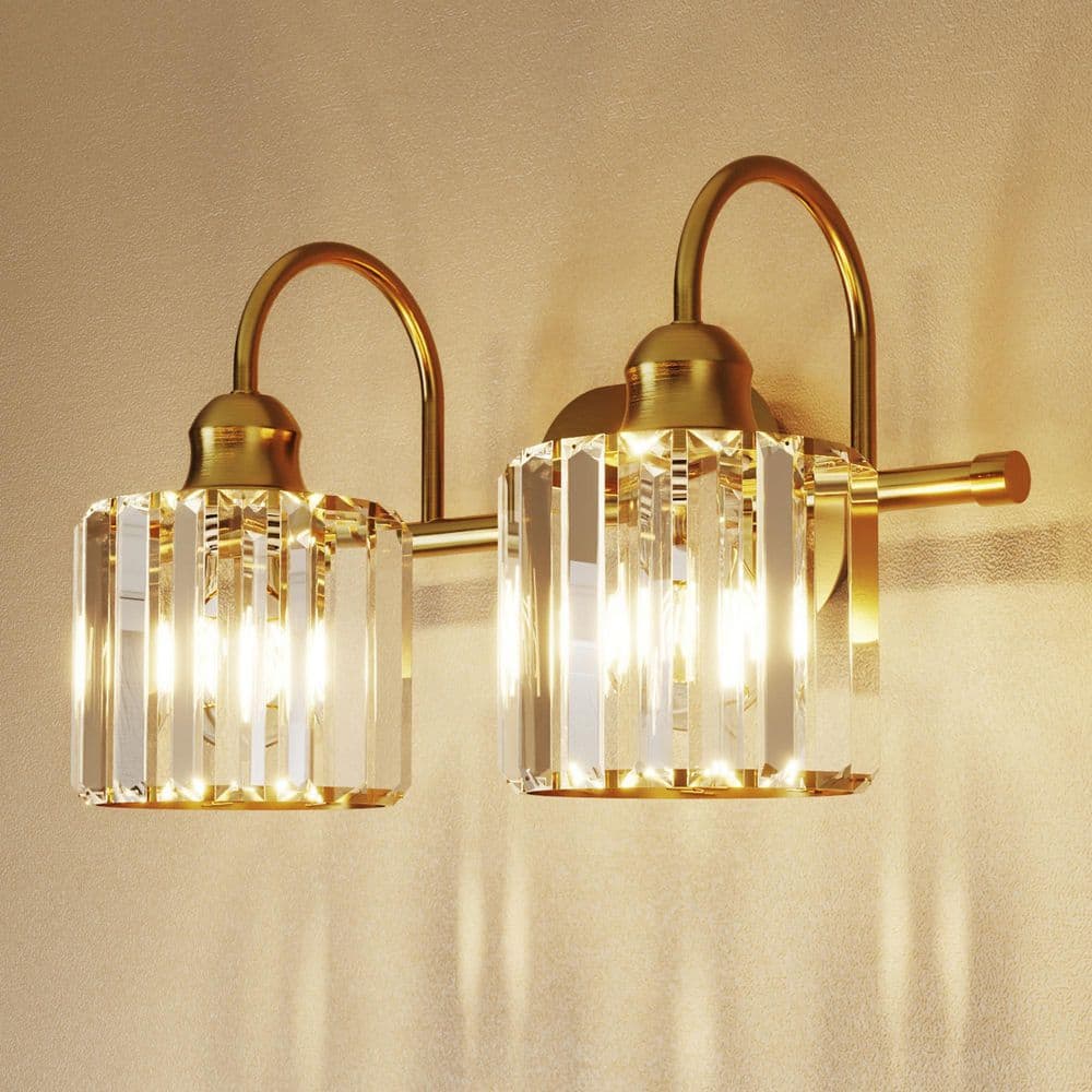 Merrin 14.3 in. 2-Light Brushed Gold Bathroom Vanity Light with Crystal Shades price history on PriceWatchPro