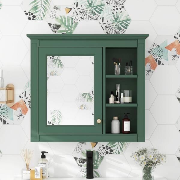 FUNKOL 29.92 x 7.32 x 28 In. Green Wall Mounted Modern Bathroom Storage Cabinet with Door Mirror and 3-Open Storage Dividers