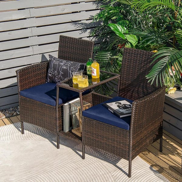 1-Piece Rattan Wicker Patio Conversation Set Sofa with Navy Cushions and Loveseat Glass Table