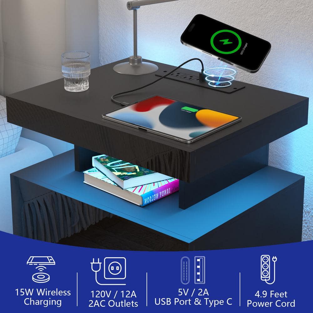 Modern Black 2-Drawer Nightstand with Wireless Charging and LED Light