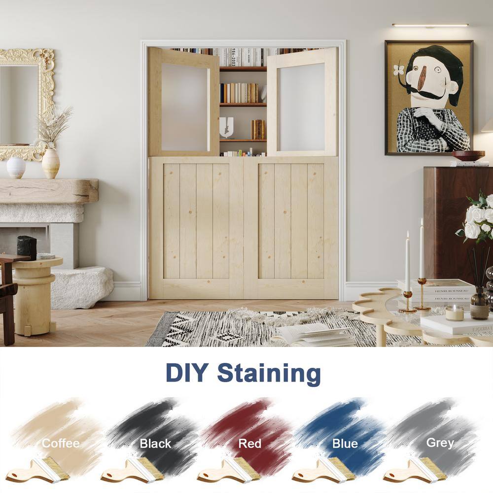 30 in. x 80 in. Natural Pine Finished Interior Dutch Door with Half Frosted Glass