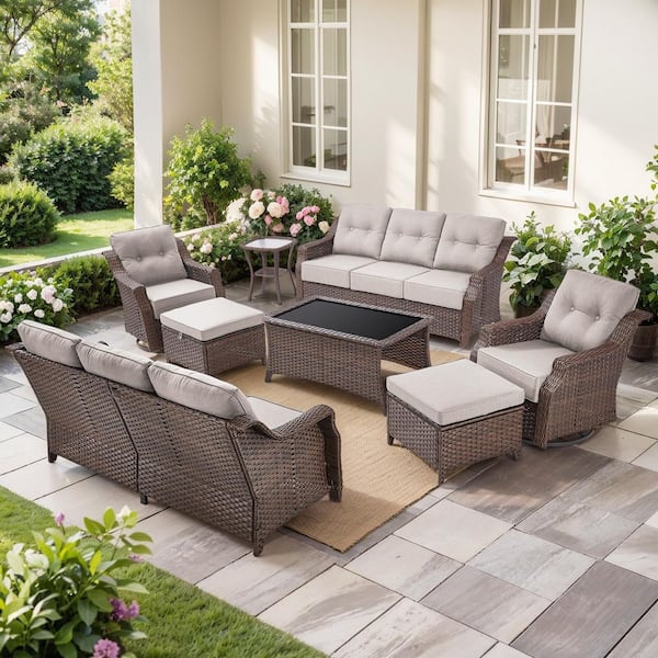 Modern Farmhouse 8-Piece Brown Wicker Patio Conversation Set with 6 In. Beige Cushions/3-Seat Sofa with Swivel Chairs