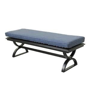 Retro Aluminum Outdoor Dining Bench with Navy Blue Cushion 16in.H x 19in.W x 58in.D for Patio Gazebo