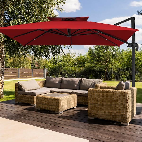 JEAREY 10 ft. x 10 ft. Square Two-Tier Top Rotation Outdoor Cantilever Patio Umbrella with Cover in Red