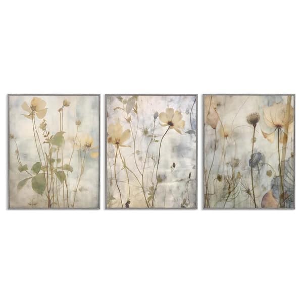 Stupell Industries Soft Blooming Botanicals by Lettered and Lined 3-Pieces Gray Framed Nature Giclee Art Print 30 in. x 24 in.