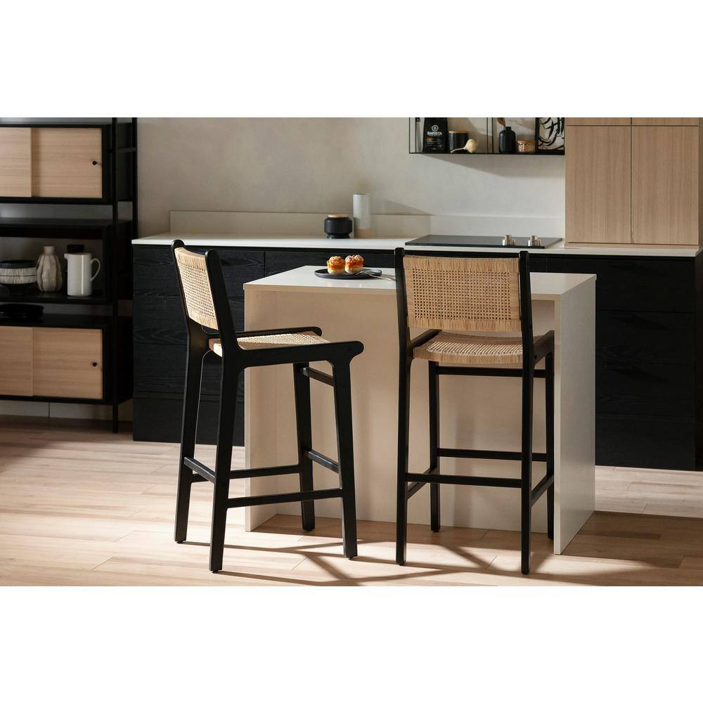 Balka 43" Black and Natural Rattan Teak Bar Stool