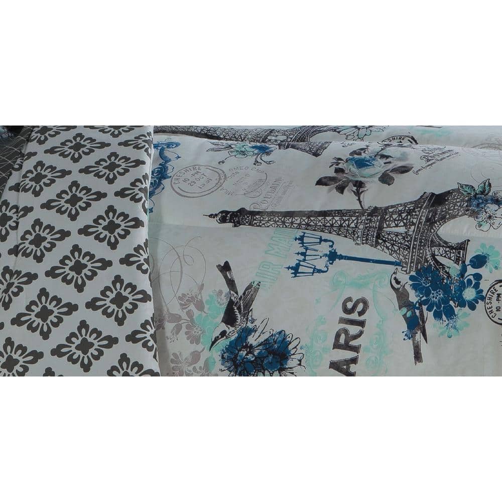 Blue Parisian Reversible Microfiber Queen Bed in a Bag Set