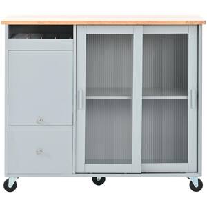 Gray Blue Wood 44 in. Kitchen Island with Drop Leaf, with LED Light, Large Storage, Changeable Wheels or Feet