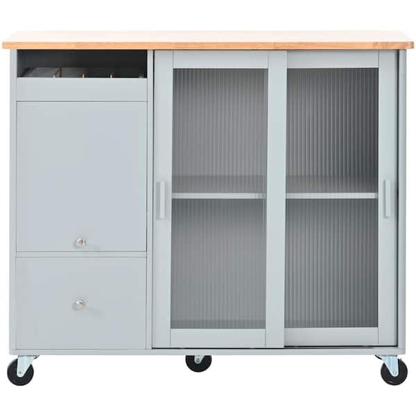 tunuo Gray Blue Wood 44 in. Kitchen Island with Drop Leaf, with LED Light, Large Storage, Changeable Wheels or Feet