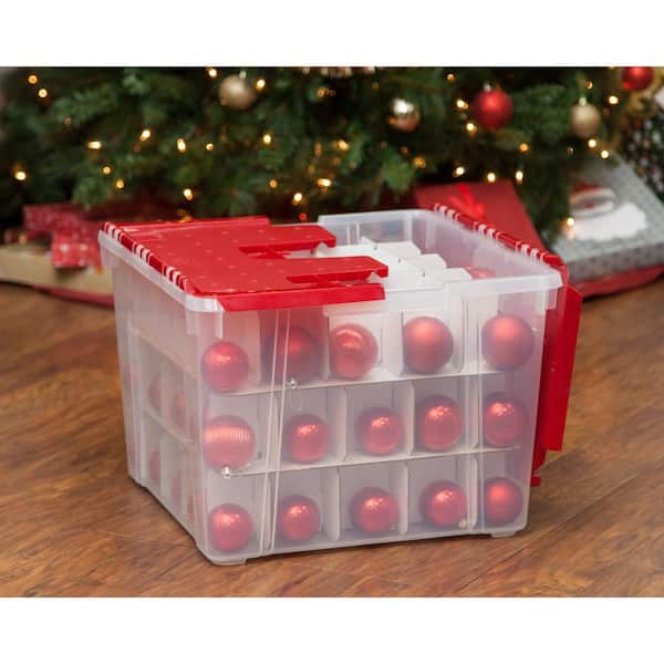 LOCHAS USA 60 Qt. 2 Pack Ornament Storage Box with Hinged Lid and Dividers,  Clear/Red