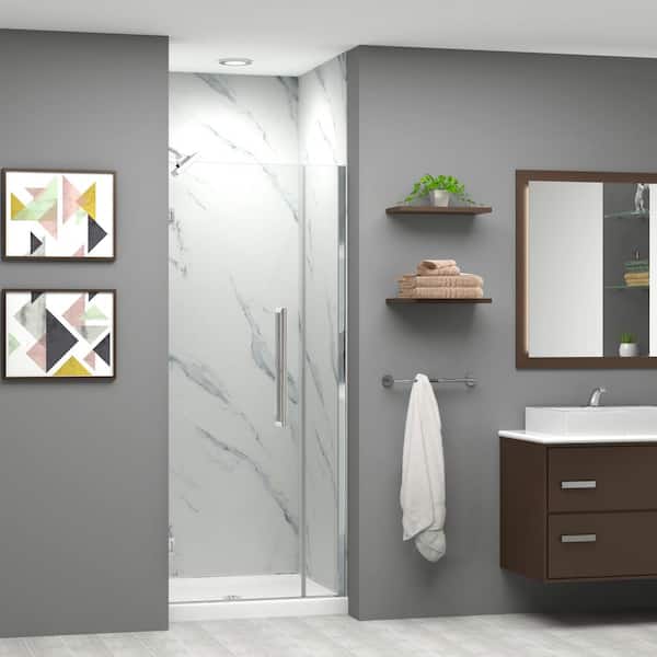 Transolid Elizabeth 30.5 in. W x 76 in. H Hinged Frameless Shower Door in Brushed Stainless with Clear Glass