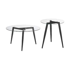 Van Beuren 21.75 in. x 19.75 in. Black Round MDF Glass Side Table and Coffee Table Set with Metal Taper Legs