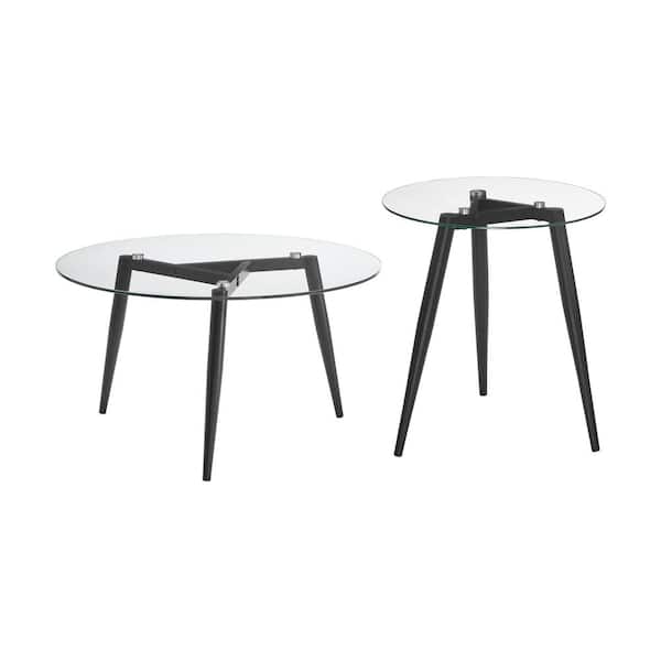 DANYA B Van Beuren 21.75 in. x 19.75 in. Black Round MDF Glass Side Table and Coffee Table Set with Metal Taper Legs