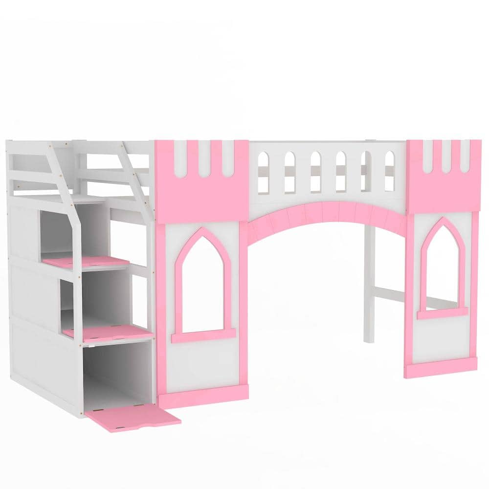Pink Twin Wood Loft Bed with Storage Staircase and Window durable construction easy to install price history on PriceWatchPro