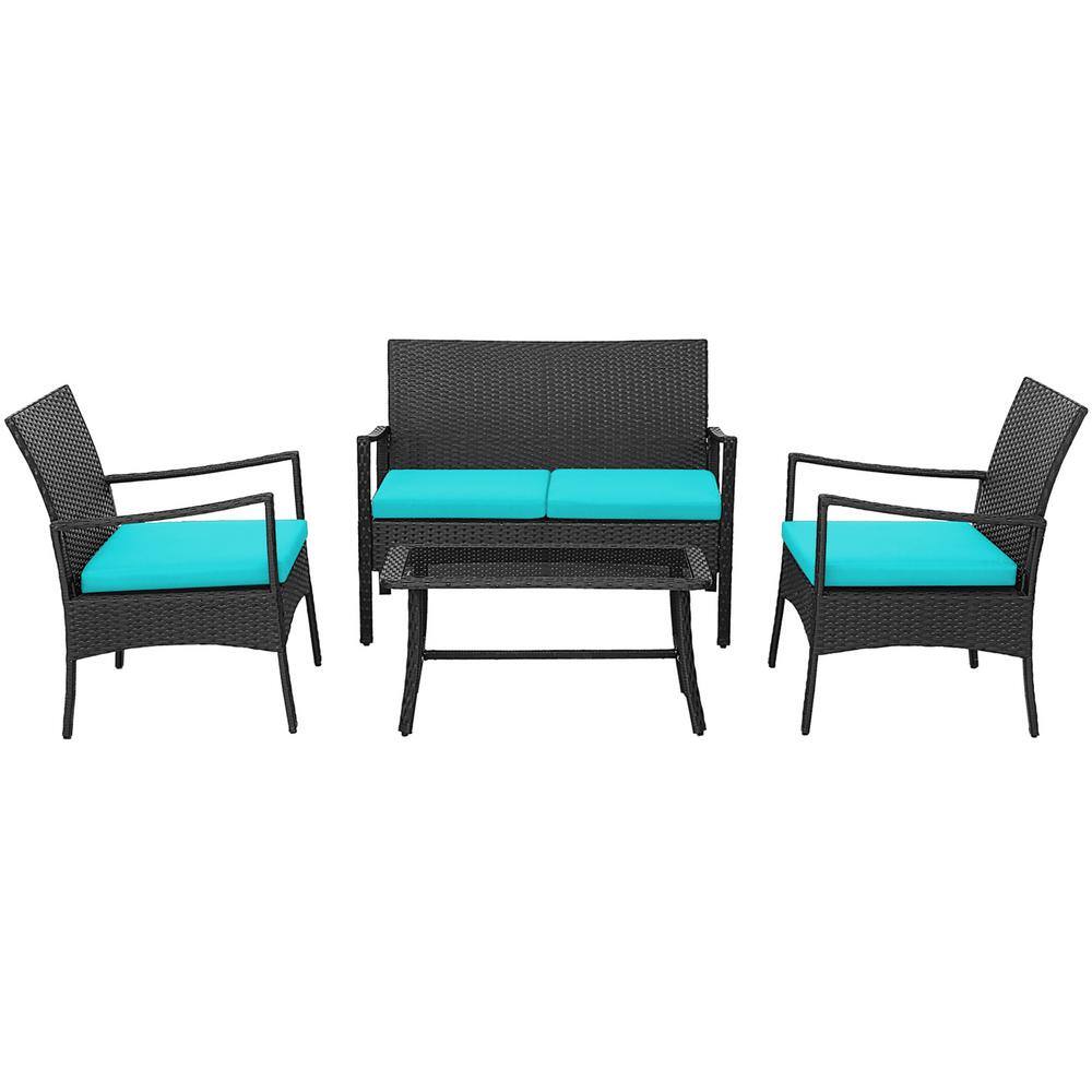 Costway 4Pieces Patio Wicker Furniture Conversation Set with Turquoise Cushions Chairs and