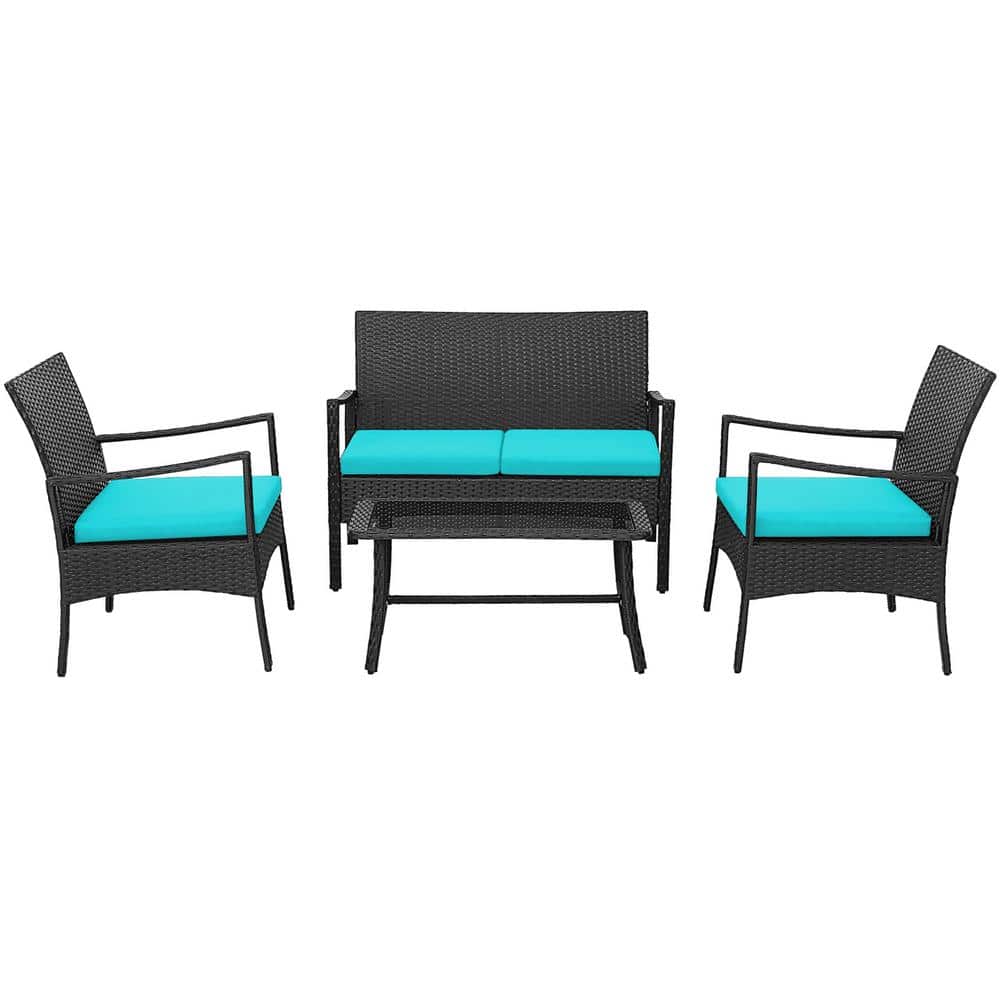Costway 4Pieces Patio Wicker Furniture Conversation Set with Turquoise Cushions Chairs and