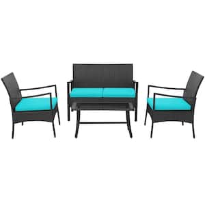 4-Pieces Patio Wicker Furniture Conversation Set with Turquoise Cushions Chairs and Loveseat Coffee Table Garden
