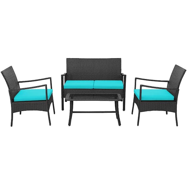 Costway 4-Pieces Patio Wicker Furniture Conversation Set with Turquoise Cushions Chairs and Loveseat Coffee Table Garden
