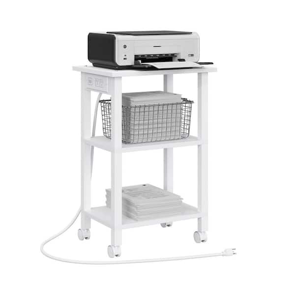 3 Tier Printer Stand Mobile Cart with Power Outlets and USB Mobile Table with Wheels Storage White for Office Home