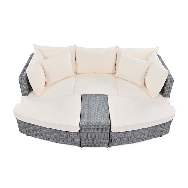 Zeus & Ruta 6-Piece Wicker Patio Outdoor Conversation Round Sofa Set with Beige Cushions and Coffee Table for Balcony